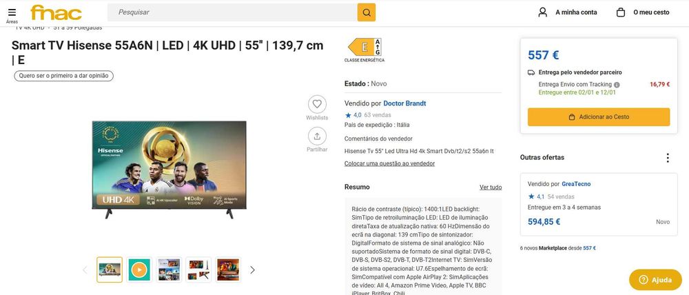 Televisão HISENSE 55A6N 4K (55"-140cm) NOVA c/ GARANTIA