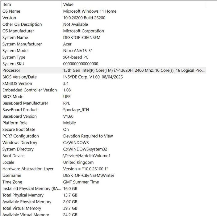 Acer Nitro V 15 — i7-13620H / RTX 4060 8 GB / 16 GB DDR5 / SSD 1 TB / 165 Hz