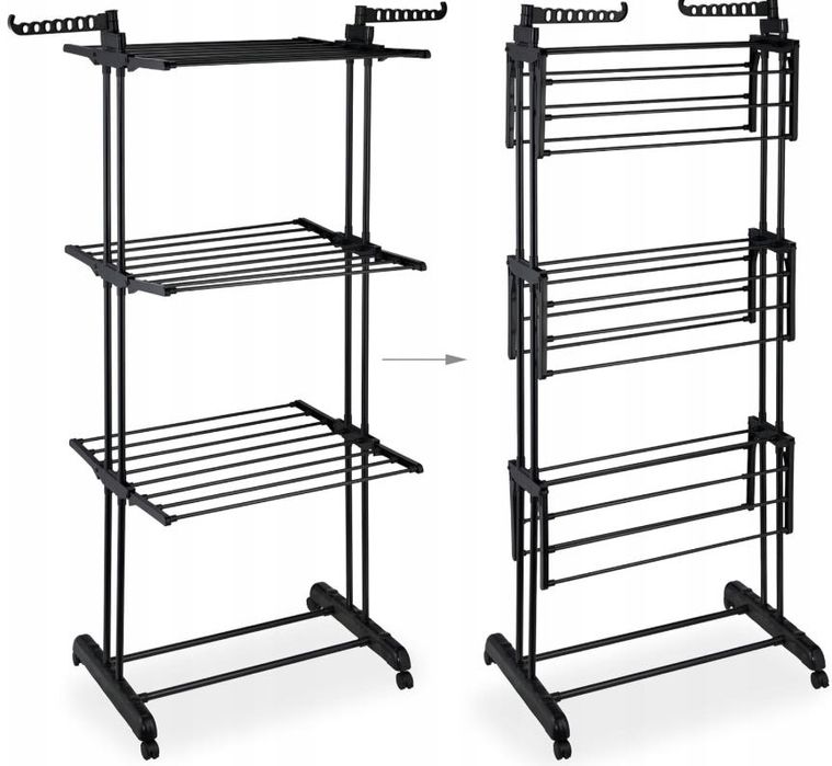 Сушарка для білизни (76 × 64 × 177 см) 3 рівні + 1 для взуття, Чорна