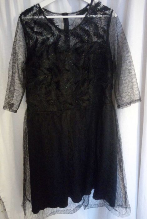 czarna sukienka piórka cekiny siateczka 46 impreza/bal/sylwester