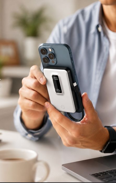 Магнитний Power Bank MP102 10000mAh с быстрой зарядкой 22.5W Зарядний пристрій з беспроводним MagSafe, встроенным кабелем и подставкой  4в1  Зарядне