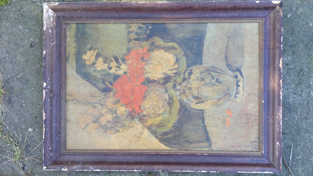 Piękny Stary obraz kwiaty w wazonie sygnowany olej antyk podpis OKAZJA