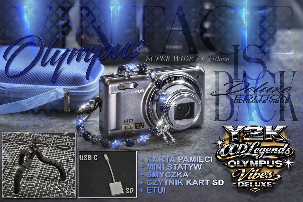 Zdjęcia przykładowe. Vintage Y2K Digicam Digital Cyfra matryca CCD OLYMPUS Blue VR + Statyw, Czytnik kart SD, 16 GB SD, smyczka, etui
