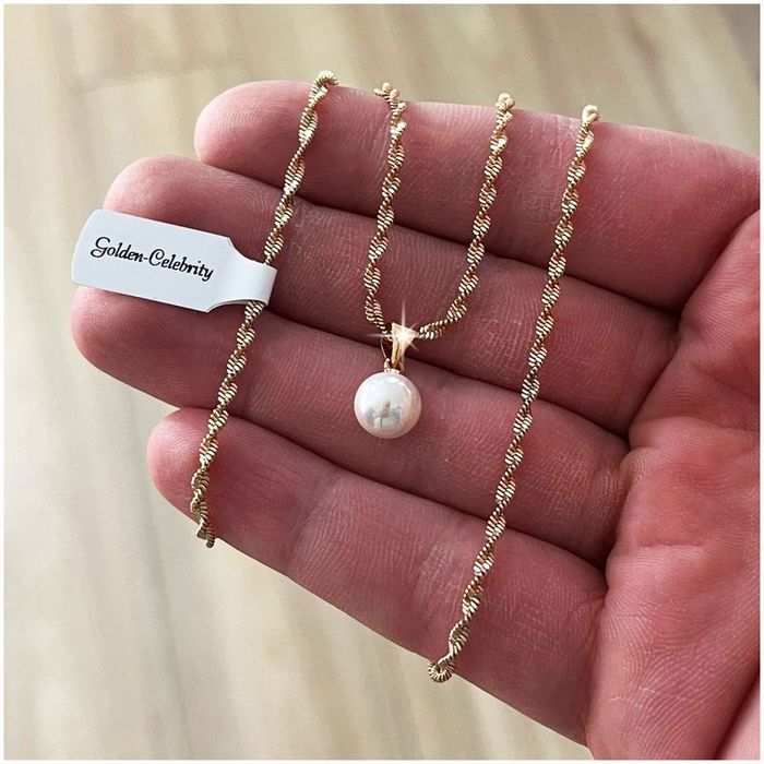 Damski Złoty Łańcuszek Stal 316l Wisiorek Zawieszka Biała Perła + Dedy