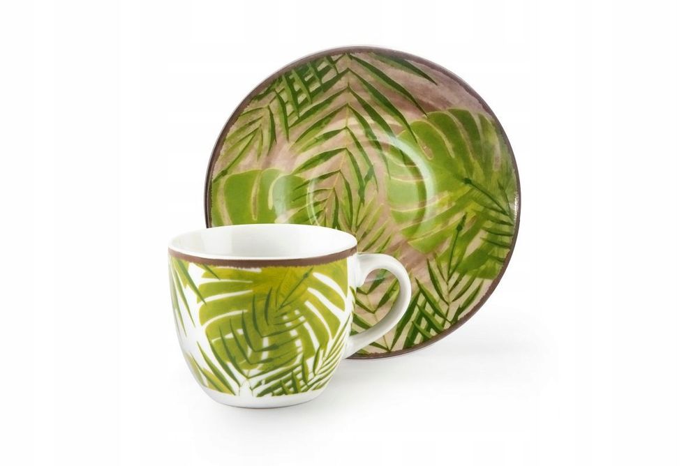 Zestaw 6 filiżanek ze spodkiem, liśćmi paproci, porcelaną, 90 ml