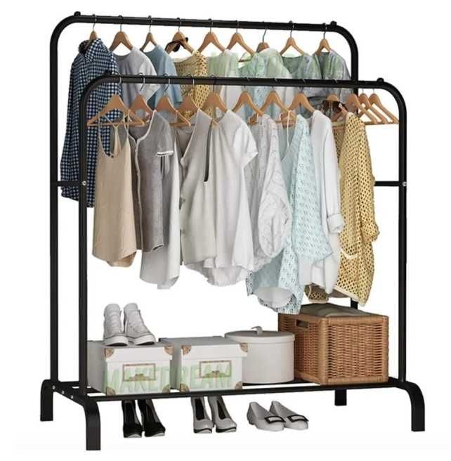 Подвійна стійка вішалка для одягу та взуття з полицею