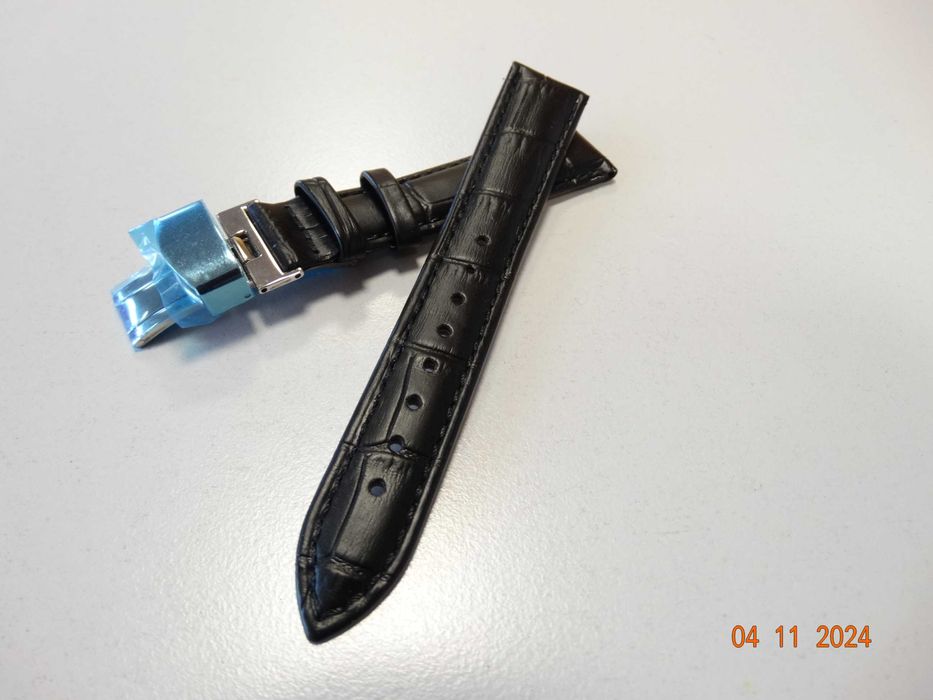 Pasek skórzany do zegarka 18mm z zapięciem motylkowym czarny kroko