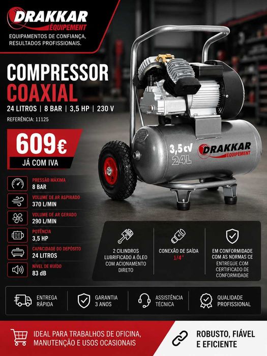 COMPRESSOR COAXIAL DRAKKAR 24 L 8 BAR 3,5 HP 230 V LL29