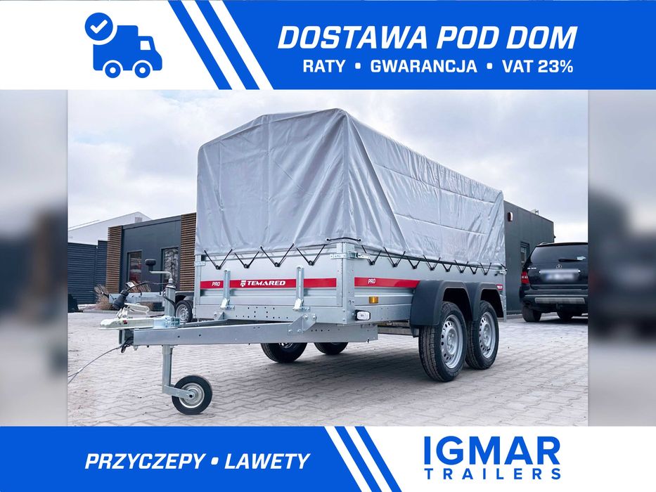 Przyczepka TEMARED PRO 2612/2 264x126 cm z plandeką i stelażem 80 cm nowa dwuosiowa DMC 750 kg DOSTAWA CAŁY KRAJ | RATY | GOTOWA DO REJESTRACJI