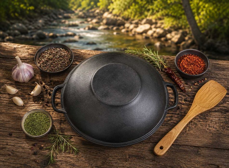 Казан чавунний,чугунный узбецький WOK 12 л з кришкою-сковородою