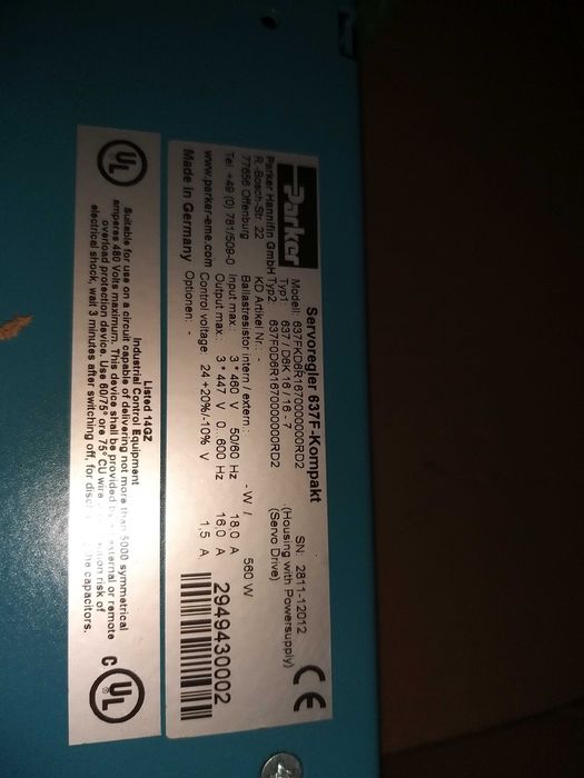 Zestaw Serwo Parkera silnik 12Nm M2n1200 + napęd 637F + dławik