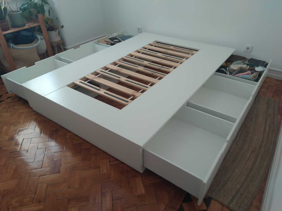 Cama de Casal (140x200 - NORDLI) - Estrutura cama c/arrumação, branco