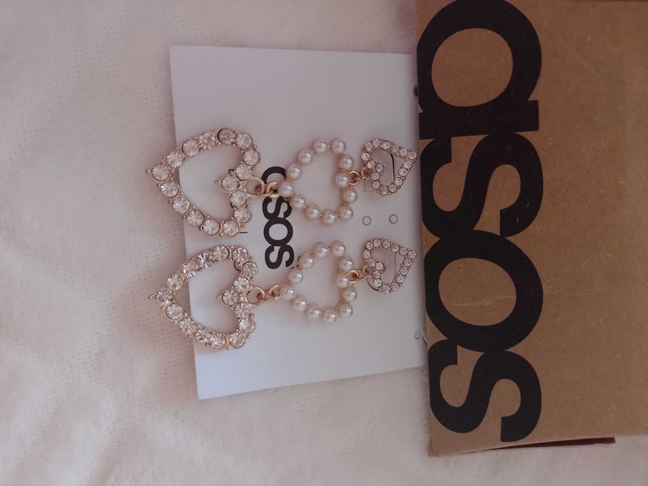 ASOS/ Długie, Bogato zdobione kolczyki, serca, perły, NOWE