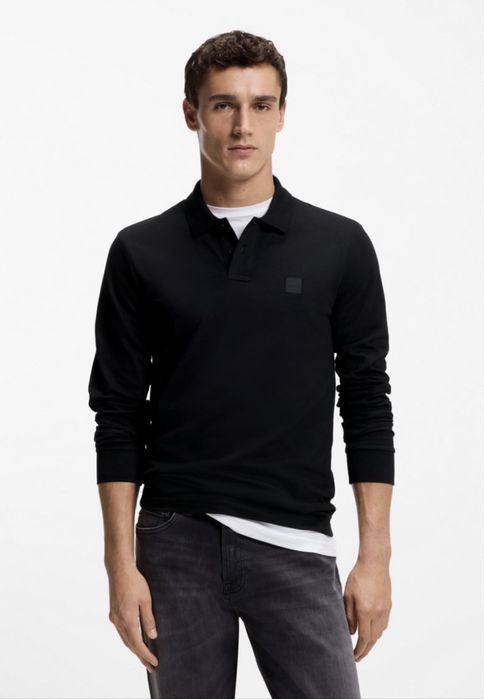 Czarna koszulka polo BOSS z długim rękawem bawełna rozmiar M