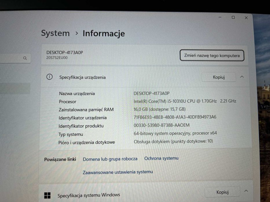 Lenovo ThinkPad T15 Gen 1 15,6 "  i5-10310U 16/256GB FHD Dotyk W11P FV