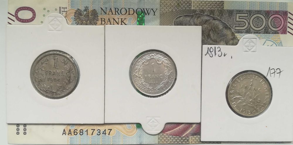 Monety srebrne zestaw 3 sztuk 1 frank Francja i Belgia srebro.