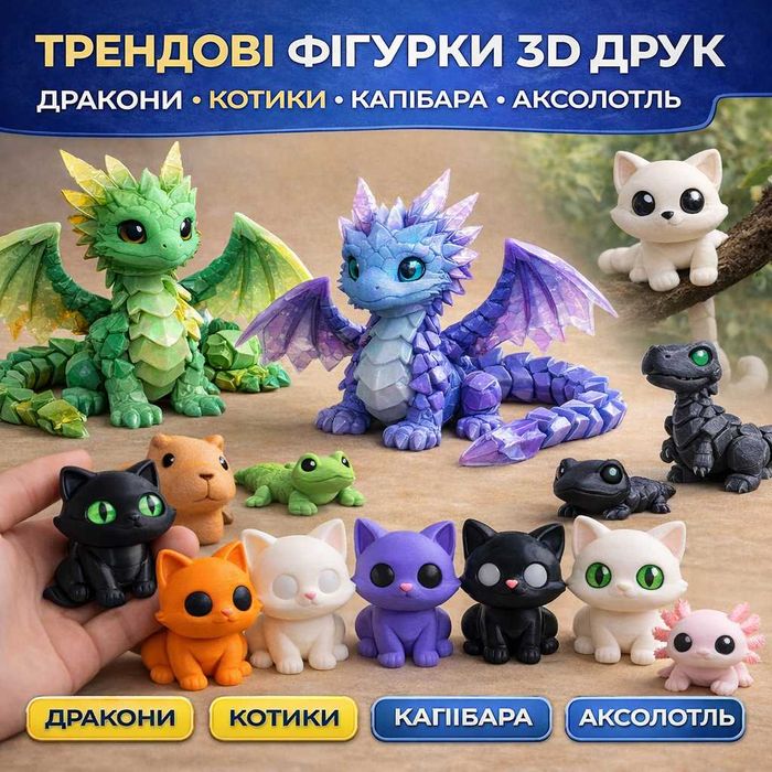 Трендові фігурки 3D друк дракони, котики, капібара, аксолотль