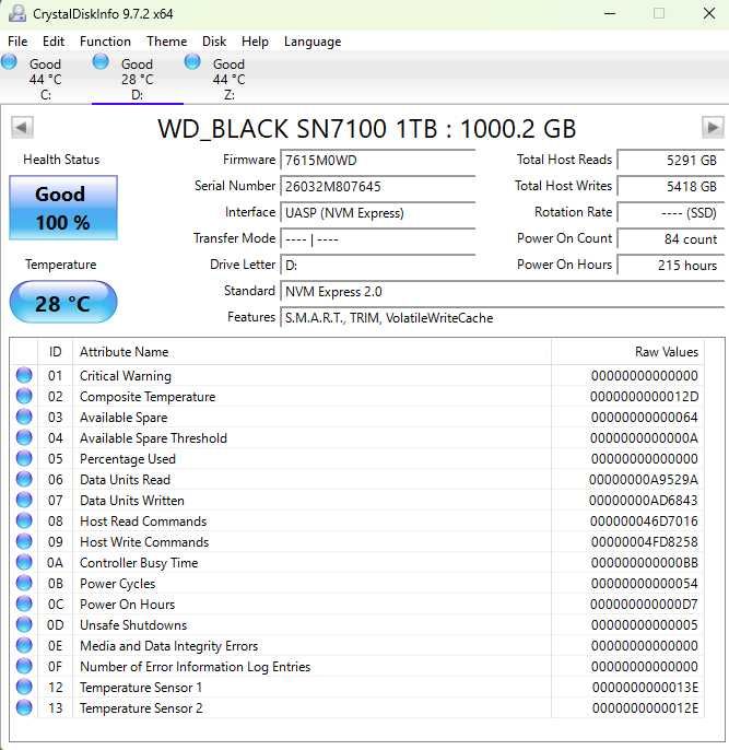 Ssd NVMe WD_BLACK SN7100 1Tb – Como Novo