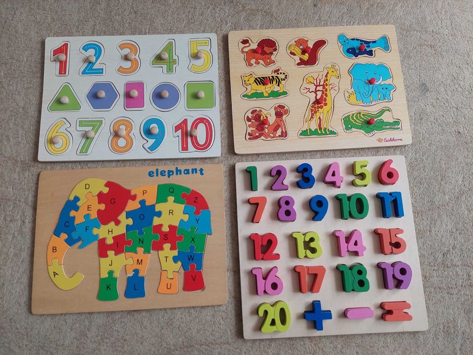 4 drewniane puzzle, ukladanka: zwierzatka, liczby, litery