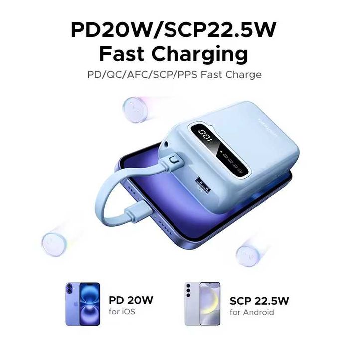PowerBank UGREEN 20000мАч, двойной кабель, быстрая зарядка, 22,5 Вт