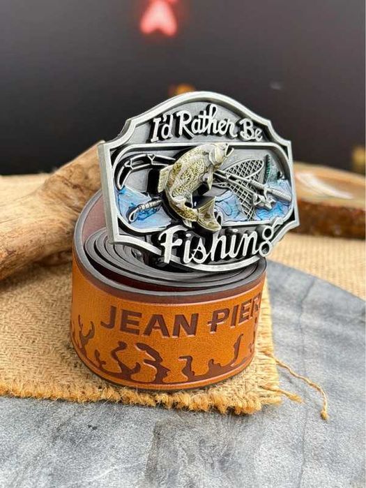 Pasek męski ryba Fish wędkarz wędkarski jeans western jasny brąz