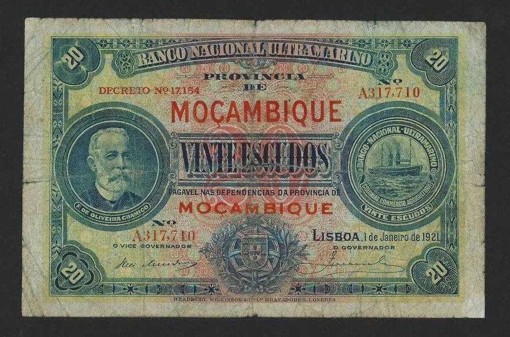 nota Moçambique 20 Escudos 1921 P-70 FINE RARE