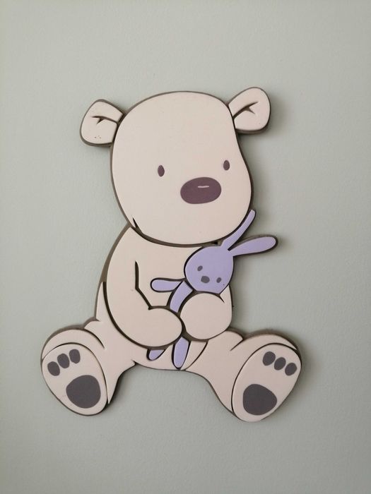 Decoração mural infantil com ursinhos bege e malva (44 peças)