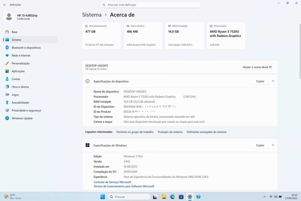 Portátil HP, Ryzen 5 7520U, 16GB RAM, com garantia