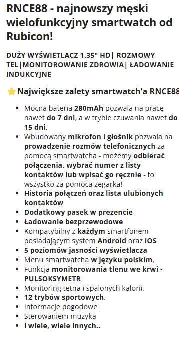 Smartwatch Rubicon rnce88 plus szkło hartowane.