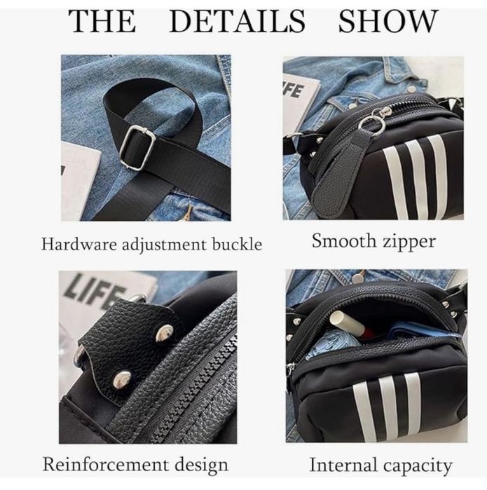 Nylonowa torba na ramię, czarna w paski MABANOCOTA