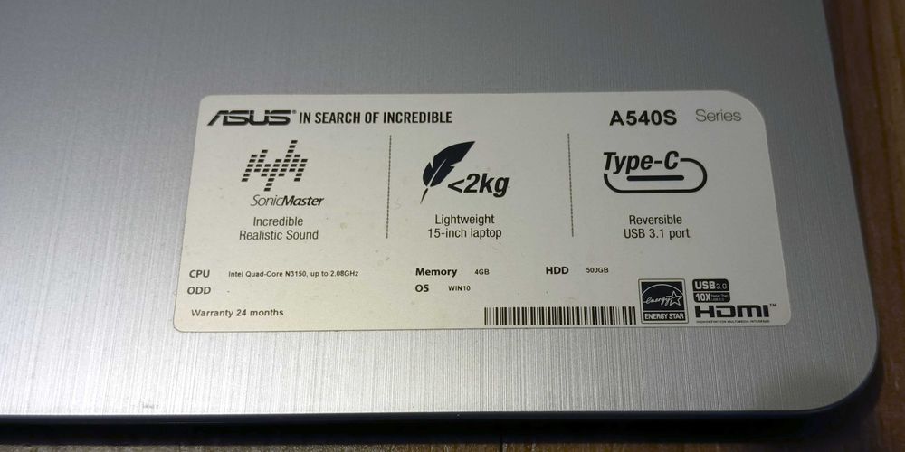 Computador Portátil ASUS A540s 15" < 2KG Windows 10, Office