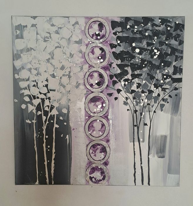 Quadro decorativo tons, preto,cinza, lilas e branco 100x100cm