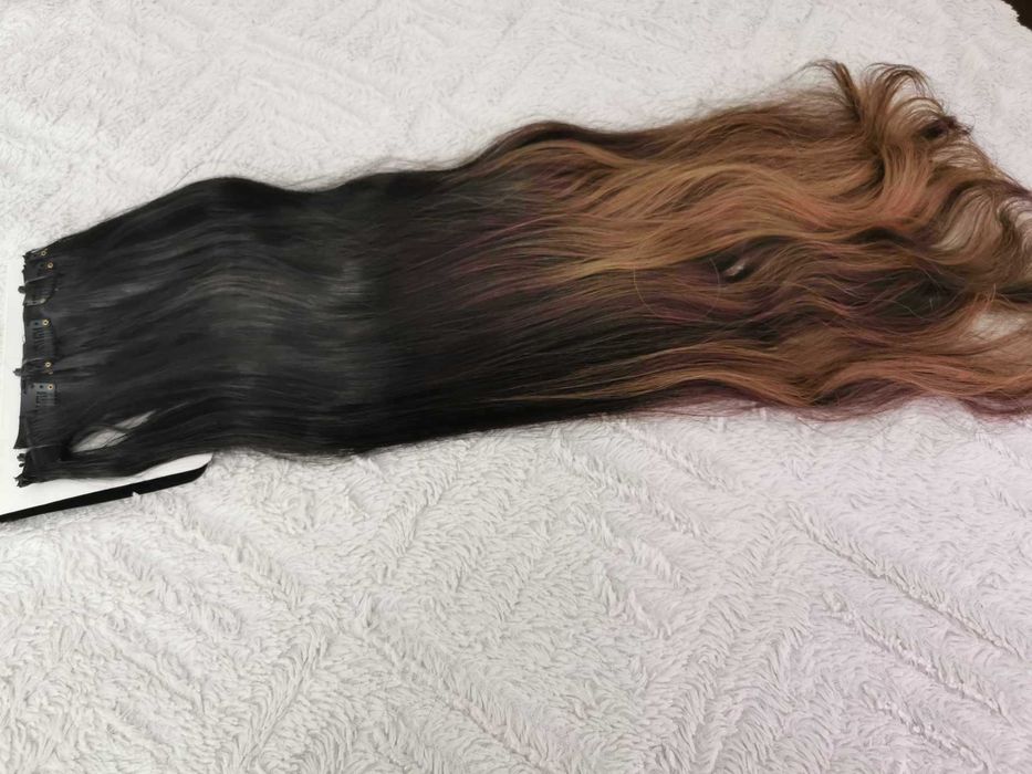Doczepiane włosy ombre czerń brąz clip 65cm fale