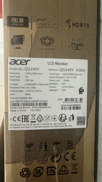 Monitor ACER Nitro QG240YH3BIX 23.8" 1920x1080px 100Hz 1ms