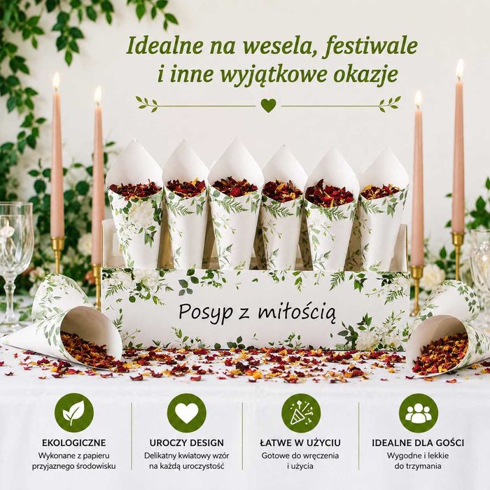 VINFUTUR Zestaw 30 Stożków na Konfetti Ślubne z Ekspozytorem Boho