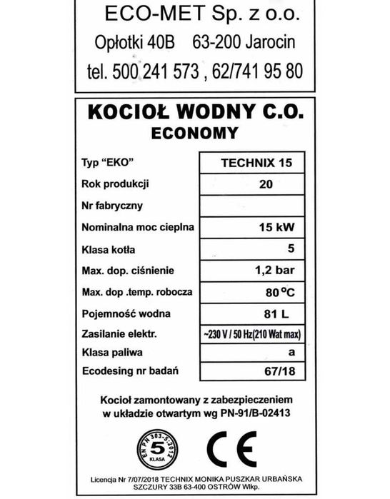 Piec Kocioł CO 15 kW ECONOMY podajnik ekogroszek 5 klasa dotacja RATY