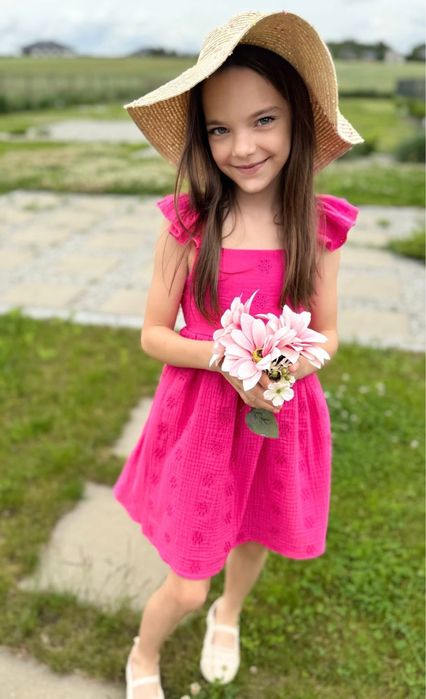 Nowość Zula Handmade różowa sukienka ażurowa muślinowa wiązana 98 cm