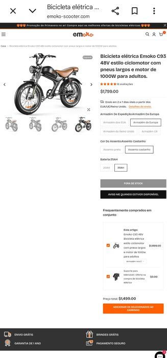 Bicicleta elétrica 1000W  50km/h autonomia 60km