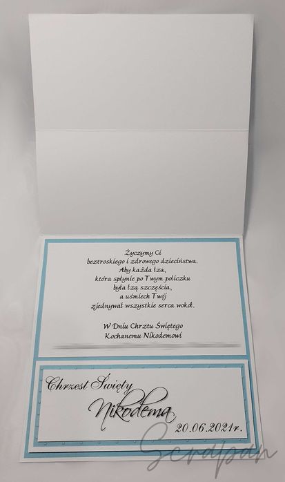 Kartka, pamiątka Chrztu Świętego, ręcznie robiona, personalizowana