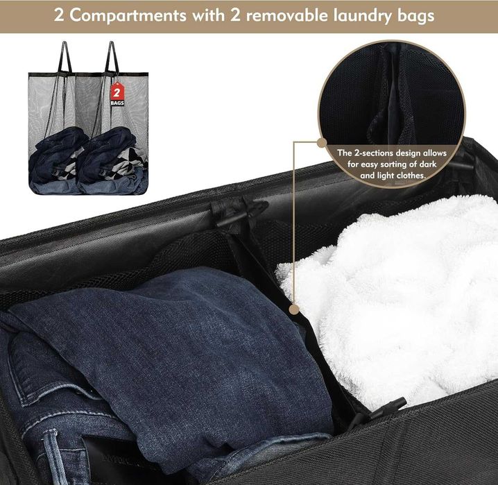 150L Podwójny kosz na pranie z pokrywą i workami na pranie czarny