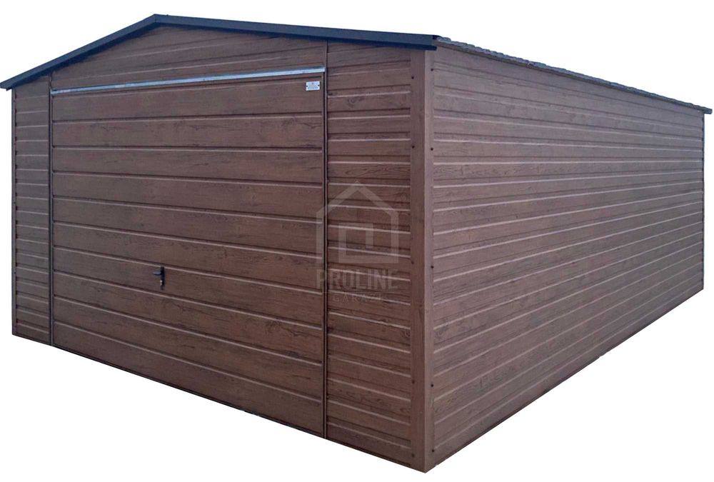 Garaż blaszany 4x5m brama uchylna drewnopodobny dach dwuspad PLG253