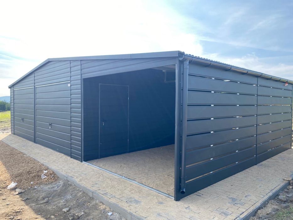 Garaz blaszany 6x5.8 plus wiata 3x5.8, antracyt, PROFIL ZAMKNIETY.