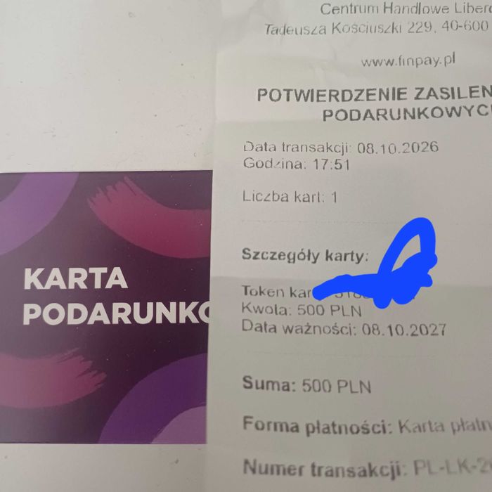 Karta podarunkowa do galeri libero 500zł. Odbior osobisty