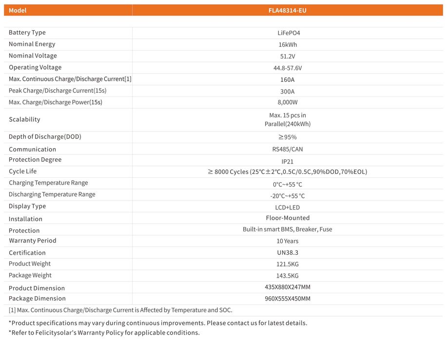 Magazyn energii Felicity Solar FLA48314-EU 16 kWh LiFePO4 IP21