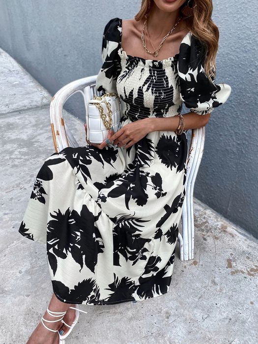 Sukienka w kwiaty boho z bufiastymi rękawami maxi