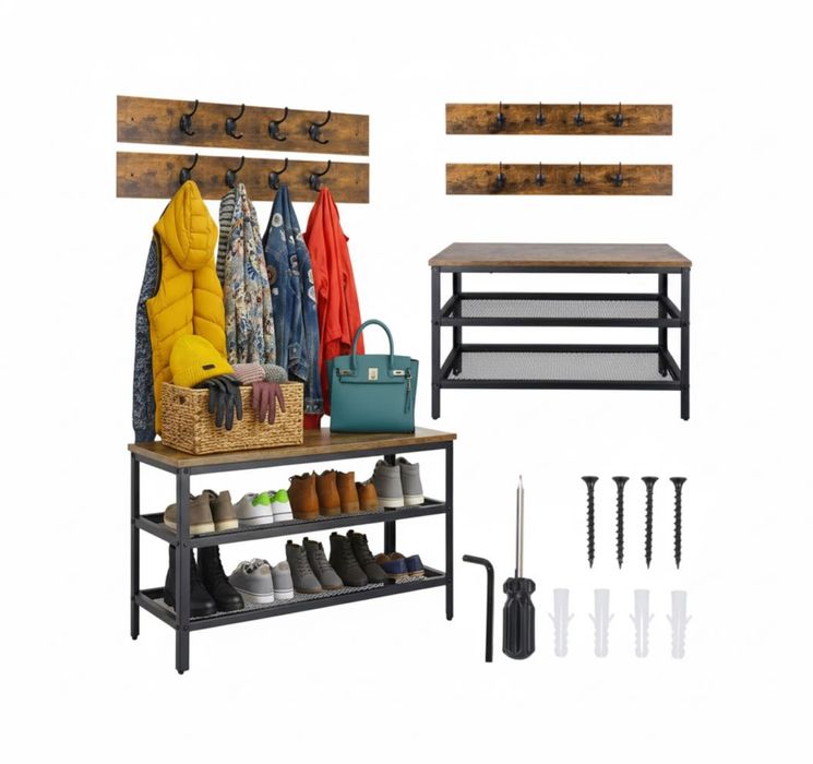 Szafka regał na buty z wieszakami+ławka z siedziskiem 2 półki + blat
