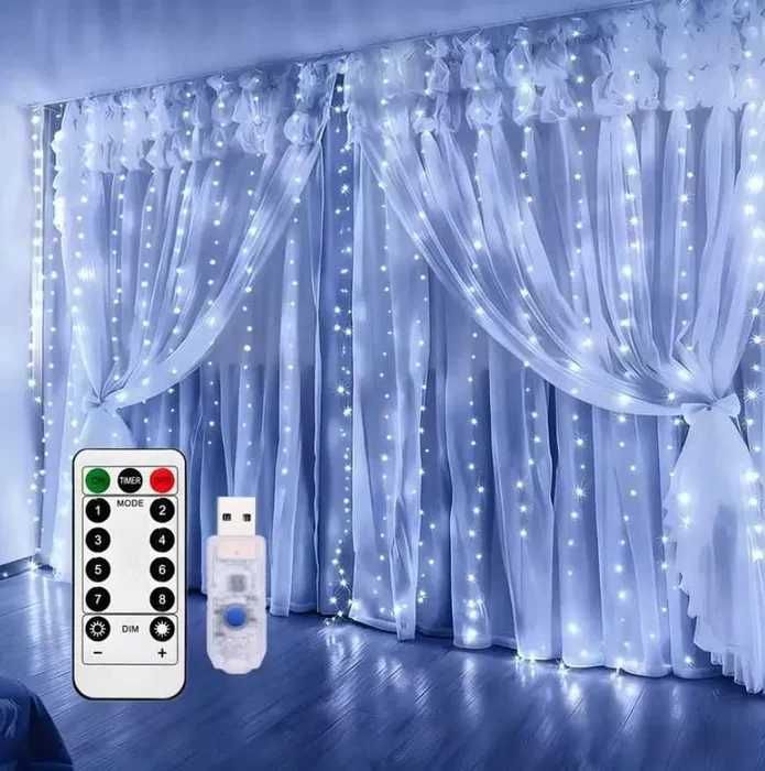 LAMPKI 300 LED 3x3m KURTYNA ŚWIETLNA BIAŁE ZIMNE 8 trybów pilot h230