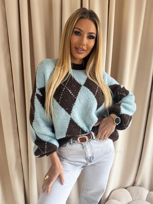 Sweterek sweter romby czekoladowo turkusowy Varlesca chicaca XS S M L