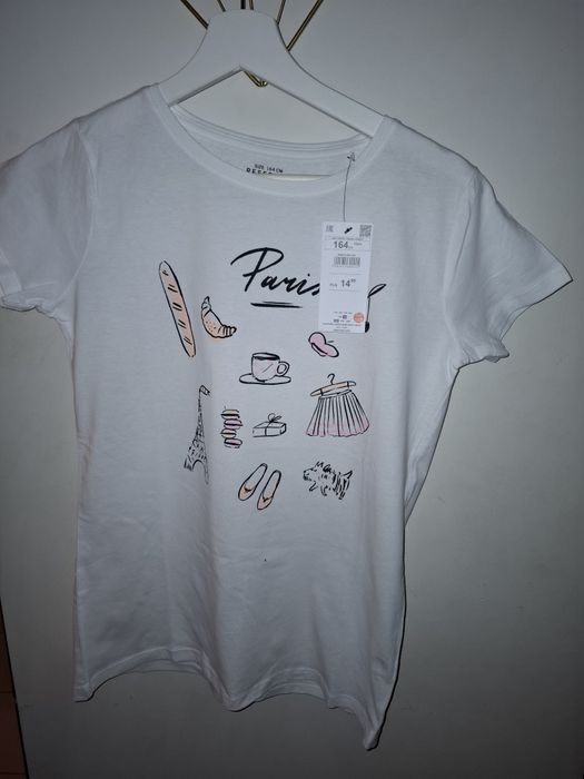 Nowy dziewczęcy t-shirt biały Reserved z napisami rozmiar 164 cm