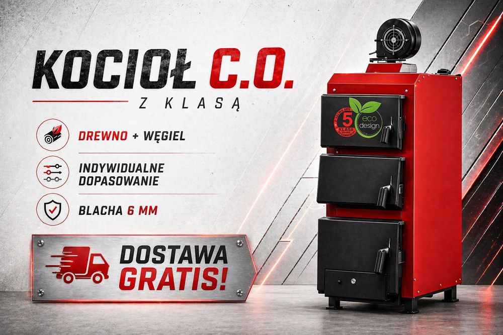 Kocioł C.O. 27kW na drewno i węgiel, piec 4 kanałowy, duży zasyp, szybka dostawa 48h